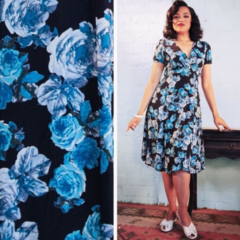 Loco Linda 1930s/1940s Pinup Blue Rose Dress